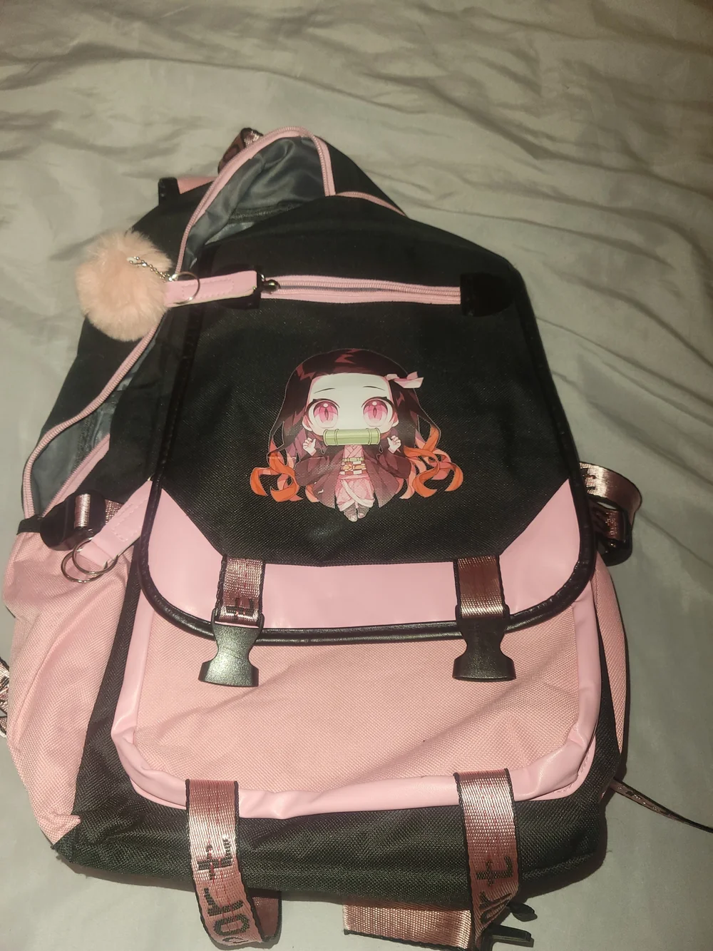 Pink & Black Anime Backpack with Pom Pom Charm